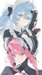  2girls absurdres blue_eyes blue_hair bow commission cross dress drill_hair flower gun hair_flower hair_ornament handgun highres holding holding_gun holding_weapon long_hair looking_at_viewer maid maid_headdress multiple_girls original peng_mie pink_hair portrait twintails weapon white_background 