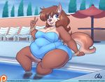  blue_eyes bracelet breasts brown_fur brown_hair canine cleavage clothed clothing dog female fur hair jewelry looking_at_viewer mammal necklace nekocrispy open_mouth outside overweight overweight_female partially_submerged patreon sitting smile solo swimming_pool swimsuit thick_thighs v_sign water 