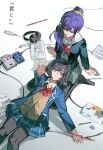  2girls arm_support arm_up art_brush asahina_mafuyu black_cardigan black_pantyhose blazer blue_jacket blue_skirt bob_cut bow bowtie braid brown_eyes brown_hair brown_sweater cardigan collared_shirt expressionless grey_serafuku grey_shirt grey_skirt hair_ornament hair_over_shoulder hair_scrunchie headphones high_ponytail highres jacket kamiyama_high_school_uniform_(project_sekai) lap_pillow lapels layered_sleeves long_hair long_sleeves looking_at_viewer miyamasuzaka_girls'_academy_school_uniform multiple_girls neckerchief notched_lapels open_clothes open_jacket paintbrush pantyhose plaid_clothes plaid_skirt pleated_skirt ponytail portrait_(object) project_sekai purple_eyes purple_hair red_bow red_bowtie red_neckerchief sailor_collar school_uniform scrunchie serafuku sheet_music shiba257 shinonome_ena shirt short_hair side_braid sidelocks sitting sketchbook skirt sweater translation_request wariza white_sailor_collar white_shirt 