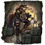  :p absurdres ammunition_pouch animal_ears armband assault_rifle black_thighhighs boots brown_eyes brown_hair bulletproof_vest cadpat callisto_(greyeth) canadian_flag commentary commission crate denim denim_shorts elbow_pads english_commentary fox_ears fox_girl fox_tail goggles goggles_on_headwear gun handgun hat highres holster lamp leg_up looking_at_viewer m16 m16a2 m72_law magazine_(weapon) multicolored_hair original pouch rennn_(ilobeste) rifle sandbag second-party_source shorts streaked_hair tail thigh_holster thighhighs tongue tongue_out weapon yellow_armband 