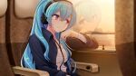  1girl arm_rest black_jacket blue_hair blue_jacket breasts casual cleavage closed_mouth crying fuyunagi_tsubasa game_asset hair_between_eyes hair_ornament hairclip head_rest headphones jacket light_smile listening_to_music long_hair long_sleeves looking_outside looking_to_the_side medium_breasts musical_note non-web_source ocean official_art open_clothes open_jacket pink_eyes ponytail red_eyes reflection satou_takumi self-datamine shinsou_kenki_arch_saver shirt sitting smile solo streaming_tears sunset tears train_interior variant_set visual_novel_cg white_shirt window 