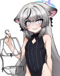  1girl above-cleavage_cutout absurdres animal_ear_fluff animal_ears arm_behind_back bare_shoulders bikini black_dress black_hair black_streaks blue_archive breasts clenched_teeth clothes_hanger clothing_cutout commentary covered_navel cowboy_shot diamond_cutout dress grey_eyes grey_hair groin halo highres holding holding_clothes_hanger kokona_(blue_archive) leviathan_lvat long_hair looking_at_viewer multicolored_hair side-tie_bikini_bottom simple_background sleeveless small_breasts solo standing streaked_hair string_bikini swimsuit swimsuit_hanger teeth unworn_bikini unworn_bikini_bottom unworn_bikini_top v-shaped_eyebrows very_long_hair white_background white_bikini 