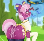  after_sex anus blush cheerilee_(mlp) cheerleader clitoris cum cum_covered cutie_mark female feral friendship_is_magic fur green_eyes hair messy multicolored_hair my_little_pony nude purple_fur pussy tongue tongue_out two_tone_hair xorza 