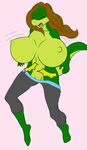  anthro big_breasts breasts brown_hair clothed clothing female hair huge_breasts lizard reptile samantha_brooks sarcolopter scalie simple_background solo topless 