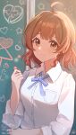  1girl ahoge ai_ai_gasa aoiryo blue_ribbon brown_hair chalk chalkboard commentary_request drawing_(object) gakuen_idolmaster hanami_ume heart highres holding holding_chalk idolmaster indoors looking_at_viewer neck_ribbon ribbon shirt signature solo star_(symbol) twitter_username upper_body white_shirt 