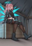  1girl absurdres ambriel_(arknights) arknights black_boots black_jacket black_pantyhose black_shirt black_shorts blue_wings body_armor boots bulletproof_vest commentary commission crate cropped_shirt detached_wings energy_wings english_commentary halo highres jacket knee_guards long_hair long_sleeves midriff pandawei pantyhose parted_lips pink_eyes pink_hair pixiv_commission ponytail shirt shorts sitting solo wings 