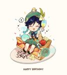  1boy :d ^_^ anemo_slime_(genshin_impact) animal_on_head apple beret bird bird_on_head blue_hair braid braided_sidelocks cake cake_slice chibi chibi_only closed_eyes commentary_request cup drinking_glass facing_viewer flower food fruit genshin_impact gradient_hair green_hat green_shorts happy_birthday hat highres holding holding_cup male_focus mini_person misoshiru_umai4 multicolored_hair musical_note on_head open_mouth plate shorts sidelocks sitting slime_(genshin_impact) smile solo spoken_musical_note twin_braids venti_(genshin_impact) vision_(genshin_impact) wine_glass 