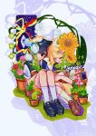  2boys antenna_hair artist_name basil_(faraway)_(omori) basil_(omori) black_eyes black_hair black_shoes brown_shoes brown_shorts cactus closed_eyes closed_mouth commentary english_commentary flower flower_pot gladiolus hair_flower hair_ornament highres holding holding_flower_pot jinxeuuu knees_up looking_at_viewer male_focus multiple_boys omori plant portrait_(object) potted_plant red_flower red_rose rose shoes short_hair shorts sidelocks sitting smile socks something_(omori) spoilers sunflower sunny_(omori) tulip white_flower white_socks white_tulip 