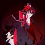 1girl black_capelet black_hair black_horns black_shirt black_skirt blood blood_on_clothes capelet collared_shirt cowboy_shot crown extra_eyes extra_horns fingerless_gloves flower gloves hair_flower hair_ornament hand_on_own_face highres holding holding_sword holding_weapon horns layered_skirt long_hair long_skirt long_sleeves mahou_shoujo_no_majo_saiban mini_crown necktie nikaido_hiro overskirt plaid_clothes plaid_necktie plaid_skirt pleated_skirt red_background red_eyes red_flower red_necktie red_skirt shirt shouzuo side_capelet skirt solo spoilers sword torn_clothes torn_gloves weapon white_gloves white_shirt witch_(manosaba) 