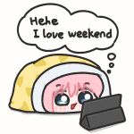  1girl blanket blue_eyes blush bocchi_the_rock! chibi chibi_only english_text gotoh_hitori happy highres lulalang pink_hair speech_bubble tablet_pc thought_bubble white_background wrapped_in_blanket 