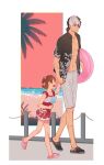  1boy 1girl beach black_hair black_jack_(character) black_jack_(series) bow brown_eyes brown_hair commentary davierrr english_commentary food grey_shorts highres holding holding_food holding_hands holding_popsicle innertube multicolored_hair navel open_mouth palm_tree pink_bow pinoko popsicle shorts smile stitched_arm stitched_leg stitches swim_ring tree two-tone_hair white_hair 