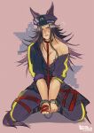  1girl absurdres animal_collar animal_ears art_trade belt biting_own_lip black_hair blush breasts cleavage clenched_hands collar commentary cuffs english_commentary exocorpse fangs fenomeno_(black_flames_of_the_righteous_spirit)_(umamusume) fenomeno_(umamusume) flipped_hair flying_sweatdrops handcuffs hat highres holding_own_leash horse_ears horse_girl horse_tail horseshoe_hat_ornament horseshoe_ornament jacket large_breasts leash long_hair looking_at_viewer multicolored_hair pants partially_undressed peaked_cap pink_background pixel_art purple_hair purple_hat purple_jacket purple_pants red_belt red_collar red_leash reflective_clothes sexually_suggestive sidelocks sitting sketch solo sweatdrop tail two-tone_background two-tone_hair umamusume wariza 