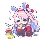  1girl =_= ahoge animal_ears artist_logo black_dress blue_hair cheese colored_inner_hair commentary_request denia_(wuthering_waves) dress eating food holding holding_food holding_pizza jacket kemonomimi_mode korean_commentary logo long_hair mono_mon multicolored_hair official_alternate_costume pink_hair pizza pizza-la rabbit_ears rabbit_girl red_jacket simple_background solo sound_effects sparkle sparkling_aura white_background wuthering_waves 