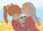  2girls bad_id bad_pixiv_id bandaid bandaid_on_face bandaid_on_nose blue_hair blue_sky brown_eyes brown_hair closed_eyes commentary_request day field flower flower_field from_side hair_flower hair_ornament jacket kantai_collection kiss kissing_forehead kumano_(kancolle) leaf leaf_on_head long_hair multiple_girls mutton outdoors profile red_jacket siblings sisters sky stuffed_animal stuffed_toy suzuya_(kancolle) tears teddy_bear upper_body 