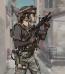  1girl assault_rifle belt black_shirt bulletproof_vest camouflage camouflage_pants chest_rig combat_helmet cowboy_shot etmc1992 from_side goggles goggles_on_headwear gun handgun helmet highres holding holding_weapon holster looking_to_the_side military military_combat_uniform military_uniform original pants people's_liberation_army qbz-191 qsz-92 rifle shirt soldier solo standing t-shirt tactical_gloves urban weapon weapon_request 