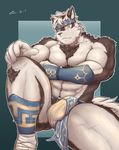  2017 5_fingers anthro armpit_hair armpits armwear bandage black_fur black_hair black_nose body_hair bulge canine chest_hair chest_tuft clothing fur hair headband horkeukamui legwear loincloth male mammal multicolored_fur muscular muscular_male navel one_eye_closed pubes simple_background solo tokyo_afterschool_summoners tuft vambrace white_fur wink wolf yellow_eyes キタウミ 