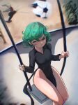  1boy 1girl absurdres angry ball blonde_hair breasts chromatic_aberration commentary cyborg dress english_commentary frown genos green_eyes green_hair green_lips hehevich highleg highleg_dress highres kicking on_swing one-punch_man pear-shaped_figure pelvic_curtain petite short_hair sitting small_breasts soccer_ball swing tatsumaki thick_eyebrows thighs v-shaped_eyebrows vignetting 