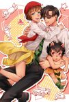 1girl 2boys absurdres belt black_hair black_pants blue_eyes bookila bookila_ni_yoroshiku! brown_hair car collared_shirt commentary_request davierrr food hair_dryer heart highres ice_cream mg_mgb motor_vehicle multiple_boys necktie neoki_toroko open_mouth pants red_necktie rock_(tezuka_osamu) shirt skirt smile star_(symbol) striped_clothes striped_necktie stuffed_animal stuffed_sheep stuffed_toy sundae sunglasses sweatdrop white_shirt 