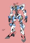  2025 commentary_request dated exposed_internal_machinery gquuuuuux green_eyes gundam gundam_gquuuuuux kurashou_shumei mecha mecha_focus mobile_suit no_humans pink_background robot science_fiction signature solo v-fin zeon 