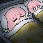  1girl :3 bed blanket blue_eyes blush bocchi_the_rock! chibi chibi_only closed_eyes cube_hair_ornament dreaming gotoh_hitori hair_ornament highres lulalang pillow pink_hair sleeping solo speech_bubble thought_bubble triangle_print twitter_username under_covers unworn_hair_ornament 