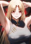  1girl armpits arms_behind_head arms_up bare_arms black_dress blonde_hair breasts china_dress chinese_clothes commentary curtained_hair dress gold_trim highres jujutsu_kaisen large_breasts long_hair looking_at_viewer padoruu parted_lips presenting_own_armpit sleeveless sleeveless_dress smile solo tsukumo_yuki_(jujutsu_kaisen) upper_body 