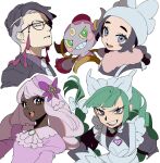  1boy 3girls :d ansha_(pokemon) apron ascot black-framed_eyewear black_hair black_jacket black_shirt blue_eyes blush blush_stickers bow braid braided_ponytail bright_pupils brown_eyes choker clenched_teeth collared_shirt colored_sclera commentary_request corbeau_(pokemon) cropped_shoulders dark-skinned_female dark_skin dated dress drill_hair eyewear_strap fascinator frilled_apron frills furrowed_brow glasses green_eyes green_hair grey_hair grin hair_bow hat highres hoopa hoopa_(confined) horns jacinthe_(pokemon) jacket juliet_sleeves kutako_(kutako138) lebanne_(pokemon) lipstick long_hair long_sleeves looking_at_viewer low-tied_long_hair low_drills maid maid_headdress makeup mega_stone multiple_girls necktie pink_hair pokemon pokemon_(creature) pokemon_legends:_z-a puffy_sleeves purple_dress purple_eyes purple_shirt raised_eyebrow ribbon_choker scarf shirt short_hair simple_background smile teeth thick_eyebrows twin_drills undercut upper_teeth_only v-shaped_eyebrows v-shaped_eyes very_dark_skin white_background white_bow white_hat white_necktie winter_clothes yellow_eyes yellow_sclera 