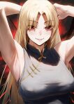  1girl absurdres armpits arms_behind_head arms_up bare_arms black_dress blonde_hair breasts china_dress chinese_clothes commentary curtained_hair dress gold_trim highres jujutsu_kaisen large_breasts long_hair looking_at_viewer padoruu parted_lips presenting_own_armpit sleeveless sleeveless_dress smile solo tsukumo_yuki_(jujutsu_kaisen) upper_body 