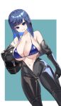  1girl absurdres bikini bikini_top_only blue_bikini blue_hair blush breasts cleavage colored_inner_hair commentary green_background helmet highres hololive hololive_english large_breasts long_hair looking_at_viewer motorcycle_helmet multicolored_hair navel ouro_kronii partially_unzipped racing_suit smile solo swimsuit tasty_(dudwofla) two-tone_background unworn_headwear unworn_helmet virtual_youtuber white_background 