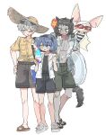 4boys :3 animal_ears basilio_(metaphor:_refantazio) black_hair black_hairband black_shirt black_shorts blue_eyes blue_hair blush_stickers closed_mouth colored_tongue commentary creature dark-skinned_male dark_skin fingernails flower food full_body goggles grey_eyes grey_horns hair_flower hair_ornament hairband hand_on_own_hip hat heismay_(metaphor:_refantazio) heterochromia hibiscus highres horns ice_cream innertube looking_at_another male_focus metaphor:_refantazio multiple_boys navel one_eye_closed open_mouth protagonist_(metaphor:_refantazio) red_eyes sandals scar scar_across_eye scar_on_face shirt short_hair short_sleeves shorts simple_background smile straw_hat strohl_(metaphor:_refantazio) sun_hat sweatdrop swim_goggles swim_ring tail transparent_innertube umainaotofu untranslatable_commentary white_background yellow_eyes 