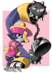 1girl ball_and_chain_(weapon) blue_hair blue_skin breasts china_dress chinese_clothes claw_(weapon) cleavage cleavage_cutout clothing_cutout colored_skin commentary_request darkstalkers dress full_body hat hsien-ko jiangshi katahira_masashi large_breasts ofuda qingdai_guanmao solo spike_ball spiked_ball_and_chain weapon zombie 