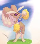  &lt;3 2017 3_toes anthro armpits big_ears black_sclera bottomless breasts brown_fur cheerleader clothed clothing crombie eyelashes female fur grass happy lagomorph looking_at_viewer lopunny mammal navel nintendo open_mouth open_smile outside partially_clothed pink_nose pok&eacute;mon pok&eacute;morph pom_poms pose purple_eyes pussy rabbit raised_arm sky smile solo standing tan_fur teeth toes tongue tongue_out video_games 