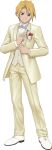  1boy blonde_hair blue_bow blue_bowtie bow bowtie brown_eyes buttons chain coat cress_albane cress_albane_(wedding) game_asset highres male_focus official_alternate_costume official_art pants shirt shoes short_hair smile solo standing striped_clothes striped_shirt tales_of_(series) tales_of_asteria tales_of_phantasia tuxedo unicorn white_shoes yellow_pants yellow_shirt 