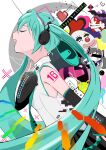  1girl ai_kotoba_iv_(vocaloid) aimaina andromedako aqua_hair black_sleeves bokoboko_ni_shiteyan_yo chibi closed_eyes commentary_request goma_(gogo_gowa) hand_on_own_chest happy_birthday hatsune_miku hatsune_miku_(vocaloid4) headphones highres kamippoina_(vocaloid) karakuri_pierrot_(vocaloid) koi_wa_sensou_(vocaloid) long_hair matryoshka_(vocaloid) melt_(vocaloid) miku_miku_ni_shite_ageru_(vocaloid) open_mouth shirt smile solo song_request songover streaming_heart_(vocaloid) suna_no_wakusei_(vocaloid) teeth tokumei_m_(vocaloid) twintails upper_body upper_teeth_only ura-omote_lovers_(vocaloid) v4x vampire_(vocaloid) vocaloid white_shirt 