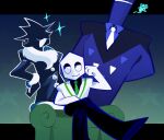  1other 2boys :3 :d alternate_universe arms_behind_back behind_another black_eyeshadow black_shirt blue_background blue_eyes blue_shirt bracelet cat_mike_(deltarune) closed_mouth collared_shirt colored_lineart commentary cowboy_hat_mike crossed_legs defernull deltarune english_commentary eyeshadow fafameow foot_out_of_frame fur_bracelet fur_scarf gradient_background green_background green_eyes green_necktie green_pippins hand_on_own_face hand_on_own_hip hand_up heterochromia jewelry letterboxed looking_at_another looking_to_the_side makeup multiple_boys necktie no_pupils open_mouth outside_border pippins_(deltarune) scarf shadowguy_(deltarune) shirt shoe_soles side-by-side sideways_glance sitting smile smirk sparkle sparkling_aura squiggle star_(symbol) star_symbol_background toon_(style) triangle tv_world_(deltarune) utdr_(toby_fox) white_mouth white_necktie wing_collar zapper_(deltarune) 