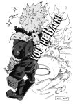  2boys arm_at_side baggy_pants bakugou_katsuki belt blood blood_on_clothes blood_on_gloves blood_on_object boku_no_hero_academia boots card character_name commentary_request crack cropped_head d: dated english_text explosive flying_teardrops foreground_text freckles from_above from_behind full_body gloves grenade greyscale hatching_(texture) high_collar highres holding holding_card invisible_floor knee_boots linear_hatching looking_back male_focus midoriya_izuku monochrome multiple_boys nikaidou_iroha open_mouth pants pants_tucked_in partial_commentary projected_inset shadow short_hair simple_background single_horizontal_stripe sparkle spiked_hair spoilers standing surprised tears tears_from_one_eye teeth torn_clothes twitter_username two-sided_gloves upper_teeth_only white_background wrist_guards 