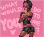  &lt;3 animal_humanoid black_hair bulge butt cat_humanoid clothing collar dark_skin english_text facial_piercing feline girly hair humanoid male mammal nose_piercing nose_ring octoboy piercing pink_eyes pink_hair shirt tank_top text 