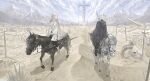  2girls cloak cloud cloudy_sky commentary desert dress highres holding holding_sword holding_weapon horse kare2732 long_hair mountainous_horizon multiple_girls original outdoors pink_hair reins riding saddle sky sword weapon 