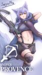  1girl absurdres animal_ears arknights braid clawed_boots commentary_request crop_top crossbow english_text fluffy_tail gloves highres holding holding_crossbow holding_weapon jacket large_tail midriff multicolored_gloves open_mouth provence_(arknights) purple_hair purple_jacket seyona_(ark47225413) shorts signature solo standing standing_on_one_leg tail two-tone_gloves weapon white_background wolf_ears wolf_girl wolf_tail yellow_eyes 