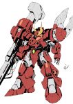  beam_cannon cable commentary_request exposed_internal_machinery green_eyes gundam kurashou_shumei mecha mecha_focus mobile_suit no_humans original redesign rig_contio robot science_fiction signature solo victory_gundam white_background zanscare 