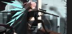  1girl absurdres aiming ambriel_(arknights) arknights ayana_(21074433) black_boots black_jacket black_pantyhose black_shirt black_shorts blue_wings body_armor bolt_action boots bulletproof_vest commentary_request commission cropped_shirt detached_wings energy_wings from_side gun halo highres holding holding_gun holding_weapon jacket jacket_on_shoulders knee_guards lee-enfield long_hair midriff pantyhose pink_eyes pink_hair pixiv_commission rifle shirt short_sleeves shorts sniper_rifle solo weapon wings 