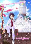  1boy 1girl bare_shoulders bell_tower black_hair blush bridal_veil bride building church church_bell commentary_request couple dress eda_mame_(mol) elbow_gloves flower formal_clothes frills gloves green_eyes green_hair groom hair_flower hair_ornament hetero holding ichi_(madan_no_ichi) jacket kumugi_(madan_no_ichi) long_dress long_hair long_sleeves madan_no_ichi open_clothes open_jacket open_mouth ribbon rose shirt short_hair smile strapless strapless_dress suit tuxedo veil wedding wedding_dress white_dress white_flower white_gloves white_rose white_suit 