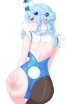  1girl absurdres alternate_costume animal_ears arahashi_tabi ass ass_focus backless_outfit blue_eyes blue_hair blue_leotard blush citrus_(codebs1004) commentary_request copyright_request fake_animal_ears fake_tail frills from_behind hair_bun hair_ornament hairclip handprint heart highres korean_commentary leotard long_hair looking_back open_mouth pantyhose playboy_bunny rabbit_ears rabbit_tail ribbon single_side_bun smile solo stellive tail virtual_youtuber white_background 