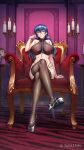  1girl absurdres armchair black_choker black_thighhighs blue_hair blush breasts chain chair choker crossed_legs hair_between_eyes half-closed_eyes hand_up high_heels highres igawa_asagi indoors large_breasts lilith-soft long_hair looking_at_viewer nipples on_chair sabiki_(lilith-soft) sitting solo taimanin_(series) taimanin_rpgx thighhighs voice_drama_available 