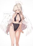  1girl :o absurdres ass_visible_through_thighs bare_legs black_one-piece_swimsuit blonde_hair blue_archive blush bracelet breasts breasts_apart casual_one-piece_swimsuit collarbone commentary covered_navel cropped_legs fan_request feathered_wings groin halo high_ponytail highleg highleg_one-piece_swimsuit highres jewelry koishi_(kiwi0314) large_breasts long_hair looking_at_viewer nagisa_(blue_archive) nagisa_(swimsuit)_(blue_archive) necklace odaibako official_alternate_costume one-piece_swimsuit ponytail request_inset simple_background solo sweat swimsuit tan tanlines twitter_username very_long_hair white_wings wings yellow_eyes 