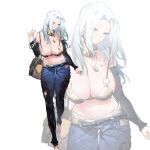  arm_at_side bag bare_shoulders belt belt_buckle bikini blue_nails bracelet breasts buckle cleavage closed_mouth denim facial_mark fingernails forehead_mark full_body gebijiade_89 gold_shoes gradient_hair gradient_scarf grey_eyes hand_up handbag highres jeans jewelry large_breasts long_fingernails long_hair looking_at_viewer midriff mole mole_on_breast mole_under_eye multicolored_hair navel necklace o-ring o-ring_bikini o-ring_top original pants pocket scarf shoes simple_background smile swimsuit torn_clothes torn_jeans torn_pants white_background white_hair zoom_layer 