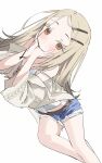  1girl bare_shoulders belt blonde_hair blue_shorts blush camisole child cropped_legs denim denim_shorts forehead gakuen_idolmaster gradient_hair grey_hair hair_ornament hairclip head_on_hands highres idolmaster jacket looking_at_viewer loose_hair_strand lying measho multicolored_hair on_side on_stomach orange_eyes shinosawa_hiro shorts solo strap_slip thighs white_background white_camisole white_jacket wristband 
