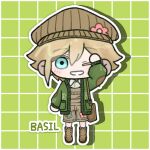  1boy arm_up artist_name basil_(birthday)_(omori) basil_(faraway)_(omori) basil_(omori) blonde_hair blue_eyes blush boots brown_boots brown_hat brown_overalls cardigan character_name chibi chibi_only collared_shirt commentary double-parted_bangs green_cardigan hair_between_eyes hakugen0720 hat highres lace-up_boots long_sleeves looking_at_viewer male_focus newsboy_cap official_alternate_costume omori one_eye_closed open_mouth outline overall_shorts overalls shirt short_hair sidelocks smile solo white_outline white_shirt 