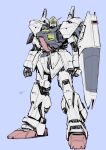  aeug blue_background commentary_request exposed_internal_machinery green_eyes gundam gundam_mk_ii kurashou_shumei looking_at_viewer mecha mecha_focus mobile_suit no_humans original redesign robot science_fiction shield signature solo v-fin zeta_gundam 