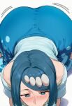  1girl ai-generated all_fours ass bare_shoulders blue_eyes blue_hair blush bright_pupils freckles highres implied_fellatio lana's_mother_(pokemon) mature_female no_sclera pokemon pokemon_(anime) pokemon_the_series:_sun_&amp;_moon simple_background solo split_ponytail ueponzu white_pupils 