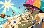  2girls 6+boys :o abs ahoge aipom alternate_costume aqua_eyes aquarella_(pokemon) arm_tattoo avery_(pokemon_trozei!) ball baron_phobos_(pokemon) beach beach_umbrella beard bikini black_bikini black_one-piece_swimsuit black_sandals black_sclera blue-tinted_eyewear blue_flower blue_hat blue_sky boolum_(pokemon) bracelet breasts brown_eyes brown_hair brown_hat bucket buzz_(pokemon) cane chair cloud colored_sclera commentary_request crocs cup curly_hair day drink drinking_straw earrings eyelashes facial_hair fangs flippers flower food fruit glass goggles green_shoes grock_(pokemon) hair_flower hair_ornament hair_over_one_eye hat hat_flower hawaiian_shirt heart_scale highres holding holding_cane holding_cup holding_drink inflatable_armbands jewelry kicking lemon lemon_slice lifebuoy lifeguard_chair lucy_fleetfoot_(pokemon) lying male_swimwear manectric midair mixed-language_commentary mohawk motion_lines multiple_boys multiple_girls muscular muscular_male mustache narrowed_eyes navel old old_man on_stomach one-piece_swimsuit open_mouth orange_shorts outdoors palm_tree pink_flower pink_hair pokemon pokemon_(creature) pokemon_trozei! professor_p_(pokemon) ragou2niko red_eyes red_hair sand sandals shirt shoes short_hair short_sleeves shorts sitting sky solrock stomach sun sweatdrop swim_ring swimsuit tall_hair tattoo teeth thick_eyebrows tinted_eyewear tree umbrella upper_teeth_only variant_set volleyball_(object) volleyball_(sport) volleyball_net water white-framed_eyewear white_hair 